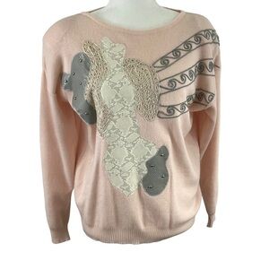 Donna Toran Vintage Lambs Wool Blend 3D Pink Patchwork Granny Sweater SZ Small